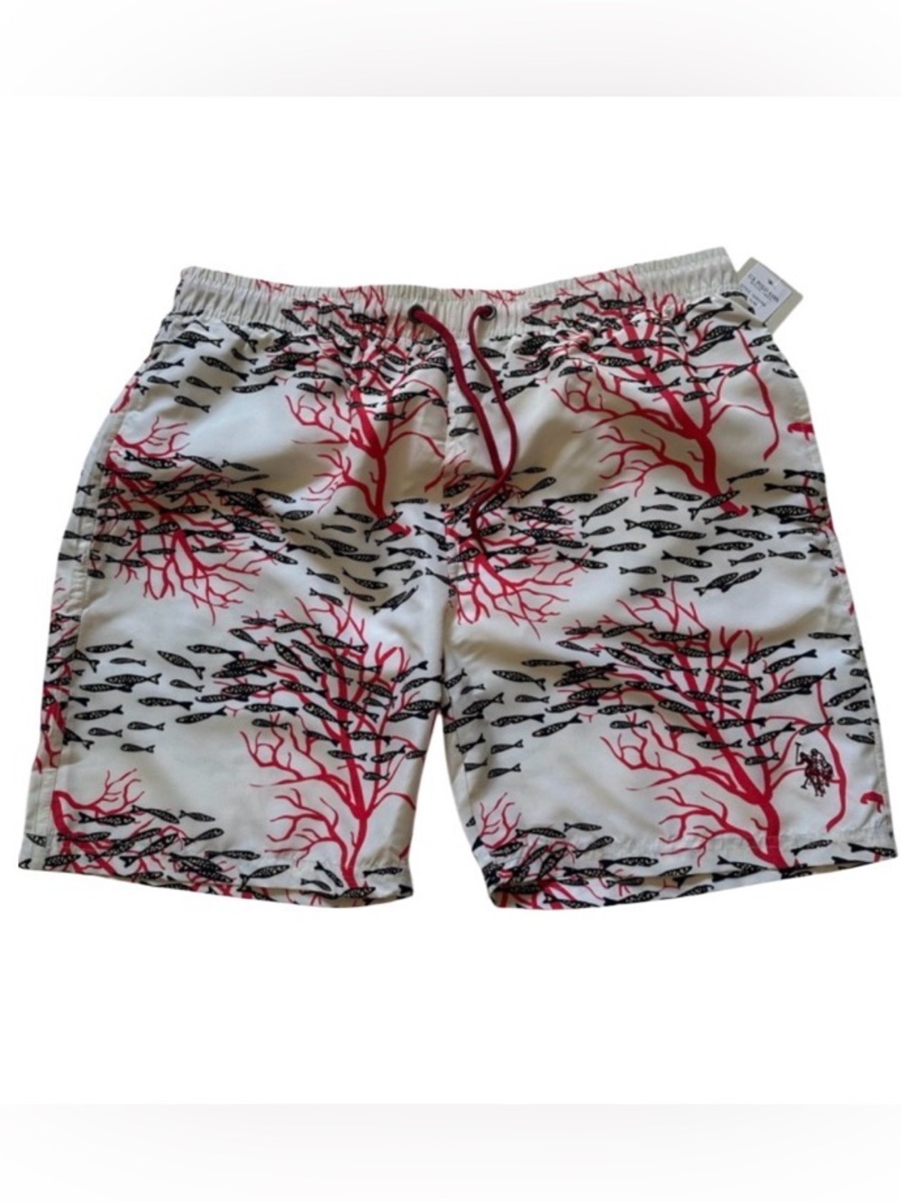 U.S. Polo Assn. White Swim Shorts with Red Coral and Black Fish Print Men’s XL